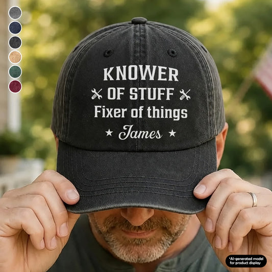 UPST91 Knower Or Stuff Fixer Of Things - Personalized Custom Wash Denim Cap