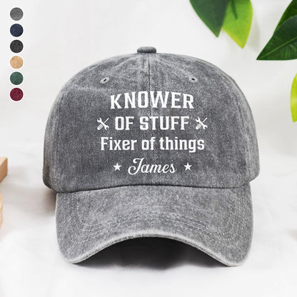 UPST91 Knower Or Stuff Fixer Of Things - Personalized Custom Wash Denim Cap