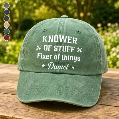 UPST91 Knower Or Stuff Fixer Of Things - Personalized Custom Wash Denim Cap