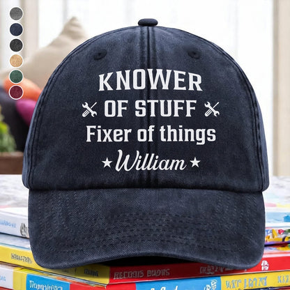 UPST91 Knower Or Stuff Fixer Of Things - Personalized Custom Wash Denim Cap