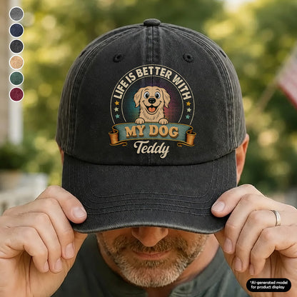UPST94 Life Is Better With My Dog - Personalized Custom Wash Denim Cap