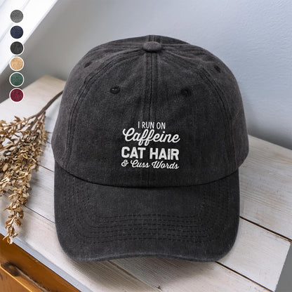 PSC30 I Run On Caffeine Cat Hair And Cuss Words - Wash Denim Cap