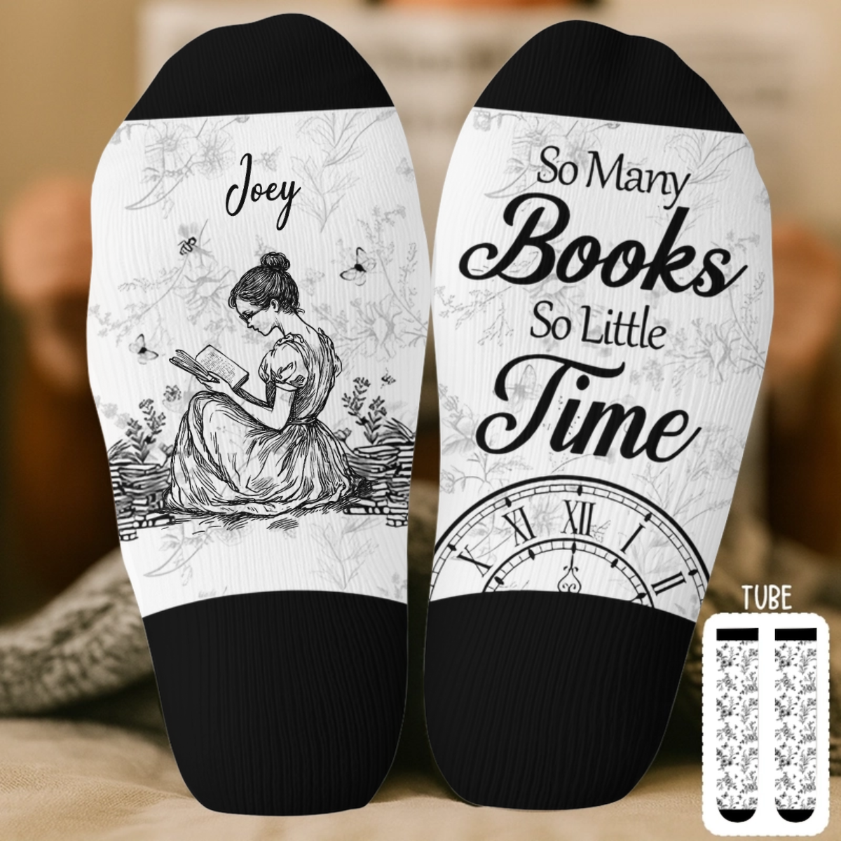 PSSO07 So Many Books So Little Time Toile De Jouy Style-Personalized Custom Crew Socks