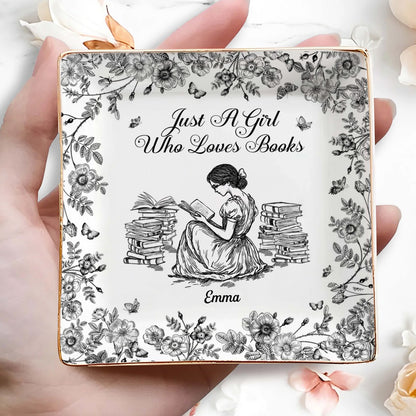 PSD02 Toile De Jouy Style Just A Girl Who Loves Books - Personalized Custom Jewelry Dish