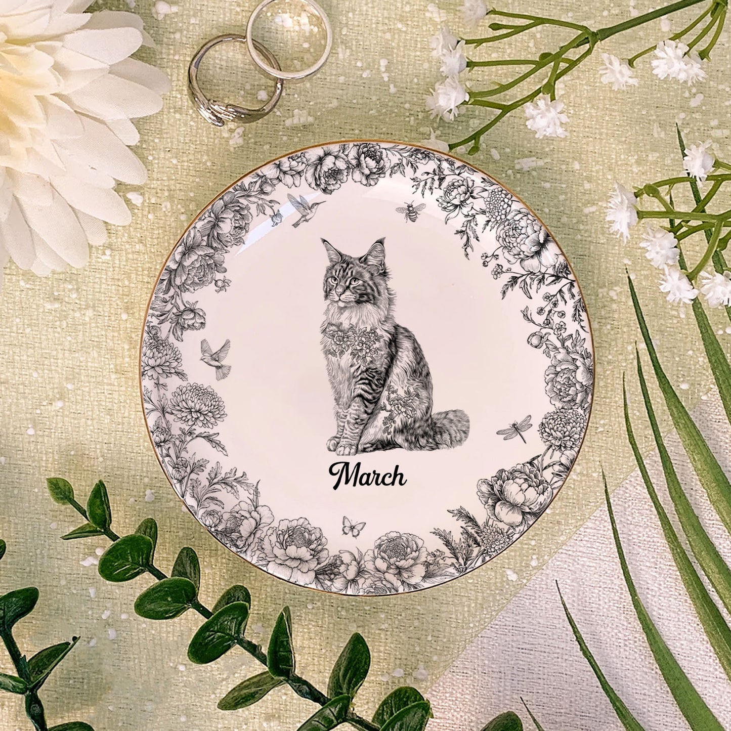 PSD03 Toile De Jouy French Cat Lover - Personalized Custom Jewelry Dish