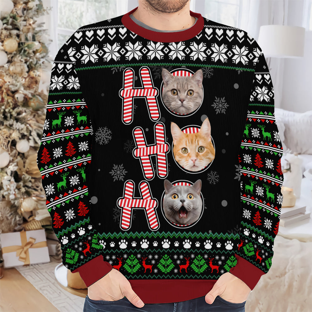 PSTS57 Ho Ho Ho Christmas Cat Dog Lover Photo Upload - Personalized Custom Sweater