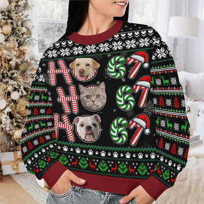 PSTS62 Ho Ho Ho 67 Christmas Cat Dog Lover Photo Upload - Personalized Custom Sweater