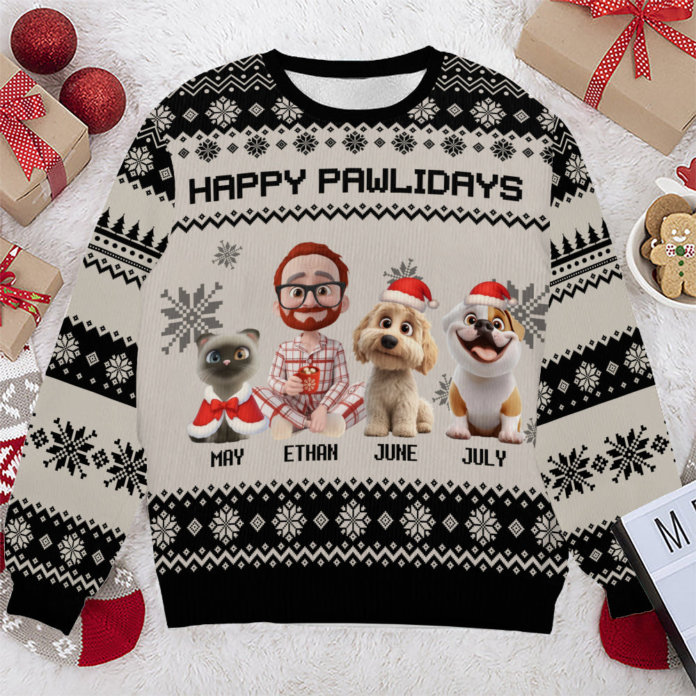 PSTS15 Fur Dad Happy Pawlidays Xmas 3D Cartoon Cute - Personalized Custom Sweater