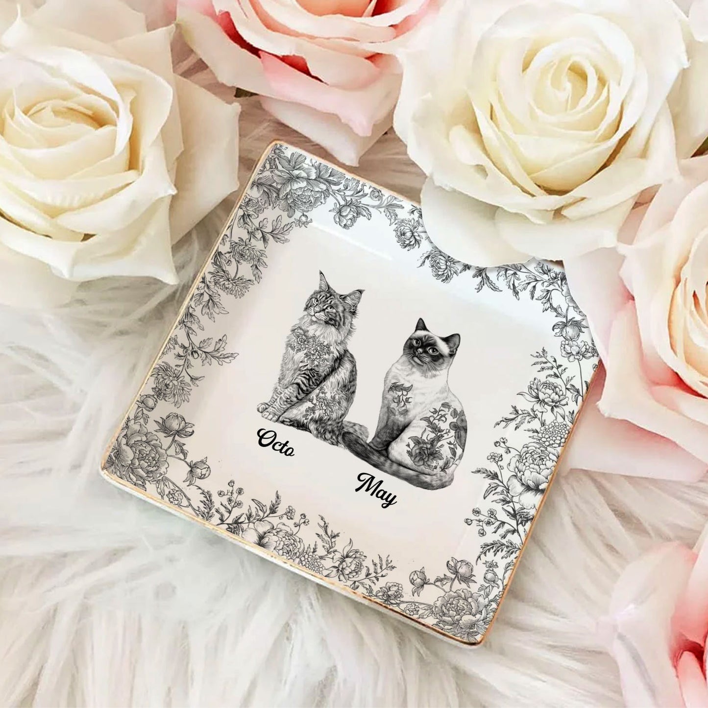 PSD03 Toile De Jouy French Cat Lover - Personalized Custom Jewelry Dish