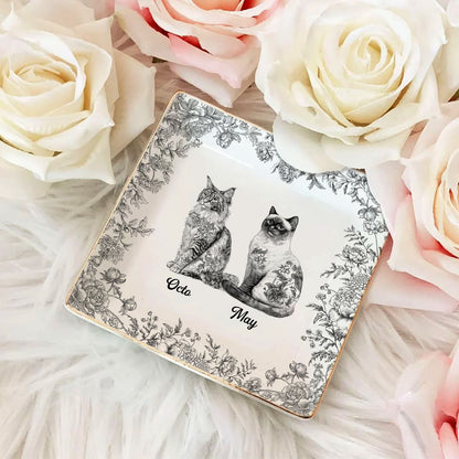 PSD03 Toile De Jouy French Cat Lover - Personalized Custom Jewelry Dish