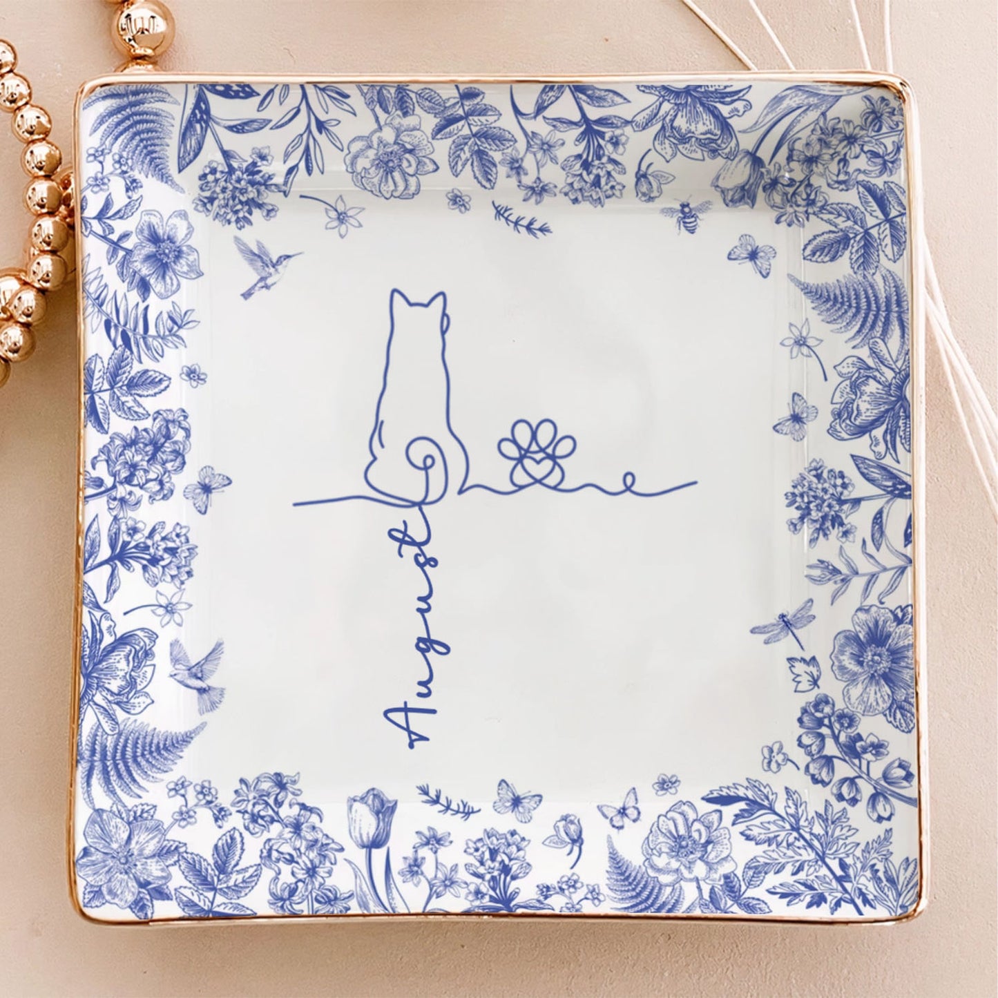 PSD04 Toile De Jouy French Dog Line - Personalized Custom Jewelry Dish