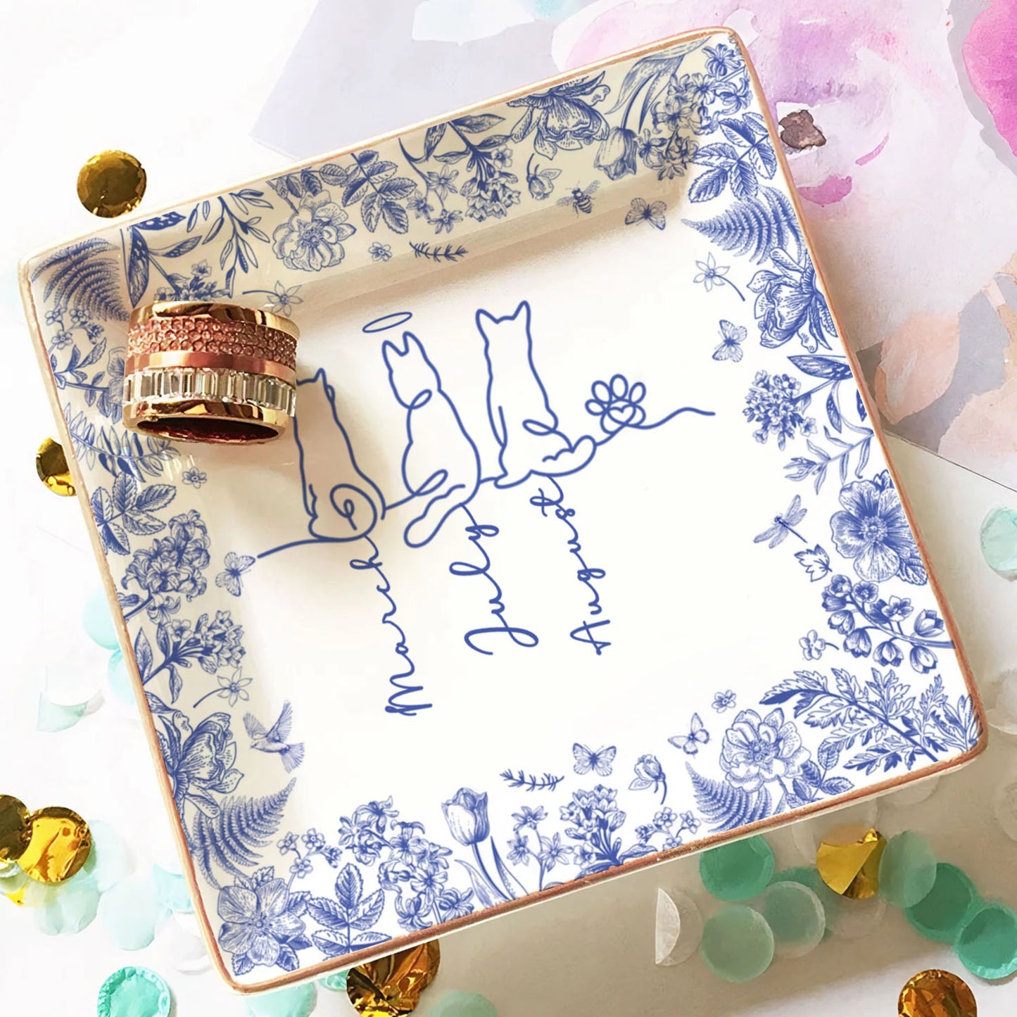 PSD04 Toile De Jouy French Dog Line - Personalized Custom Jewelry Dish