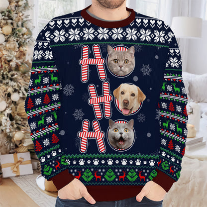PSTS57 Ho Ho Ho Christmas Cat Dog Lover Photo Upload - Personalized Custom Sweater