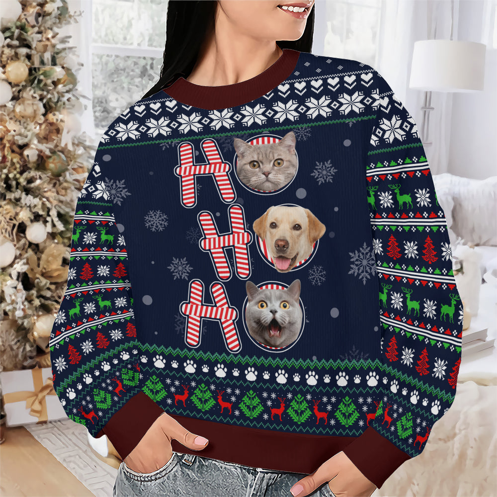 PSTS57 Ho Ho Ho Christmas Cat Dog Lover Photo Upload - Personalized Custom Sweater