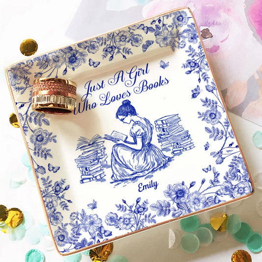 PSD02 Toile De Jouy Style Just A Girl Who Loves Books - Personalized Custom Jewelry Dish