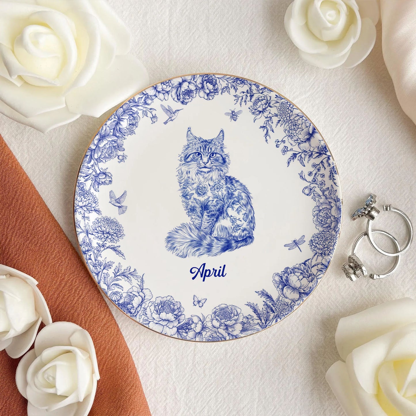 PSD03 Toile De Jouy French Cat Lover - Personalized Custom Jewelry Dish