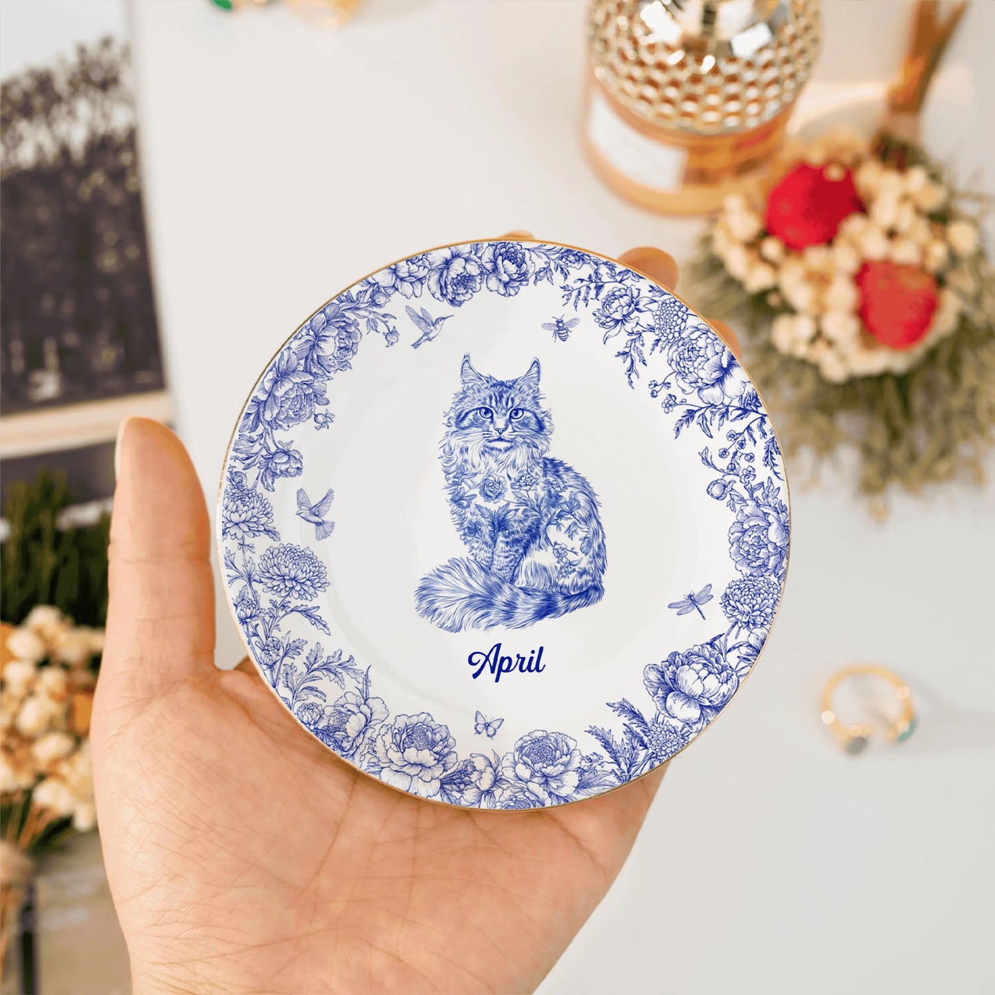 PSD03 Toile De Jouy French Cat Lover - Personalized Custom Jewelry Dish