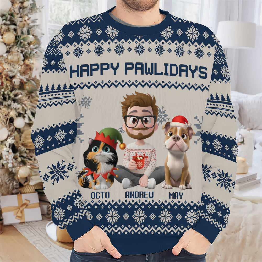 PSTS15 Fur Dad Happy Pawlidays Xmas 3D Cartoon Cute - Personalized Custom Sweater