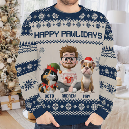 PSTS15 Fur Dad Happy Pawlidays Xmas 3D Cartoon Cute - Personalized Custom Sweater