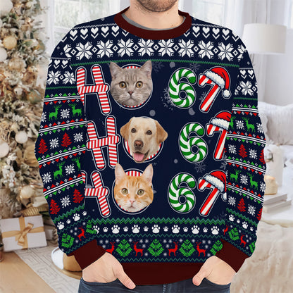 PSTS62 Ho Ho Ho 67 Christmas Cat Dog Lover Photo Upload - Personalized Custom Sweater