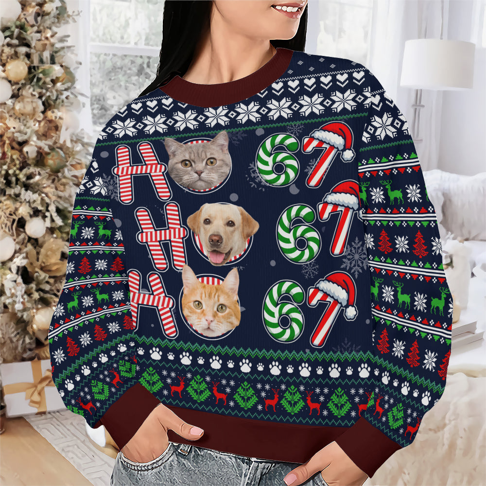 PSTS62 Ho Ho Ho 67 Christmas Cat Dog Lover Photo Upload - Personalized Custom Sweater