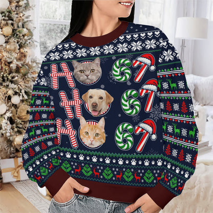 PSTS62 Ho Ho Ho 67 Christmas Cat Dog Lover Photo Upload - Personalized Custom Sweater