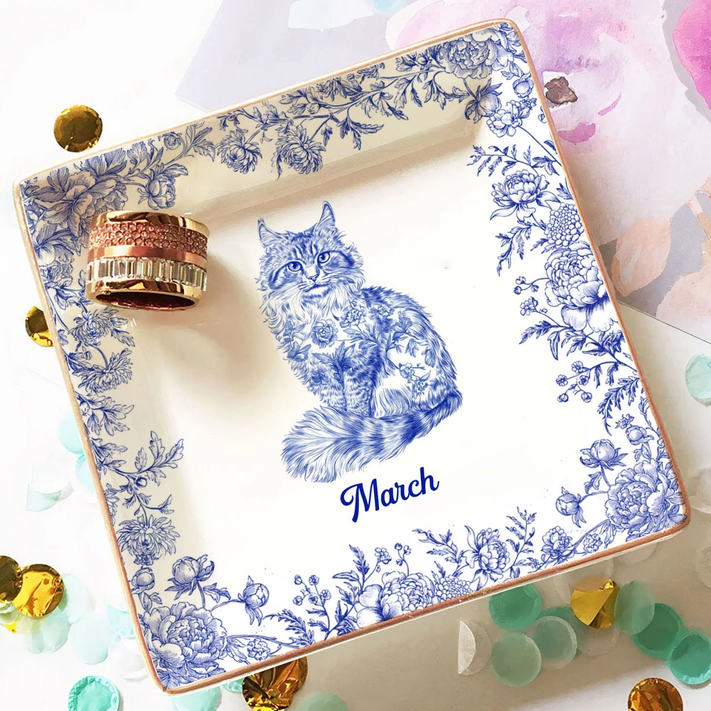 PSD03 Toile De Jouy French Cat Lover - Personalized Custom Jewelry Dish