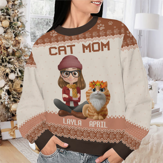 PSTS26 Cat Mom Mum Autumn Leave 3D Cartoon Dog Lover - Personalized Custom Sweater