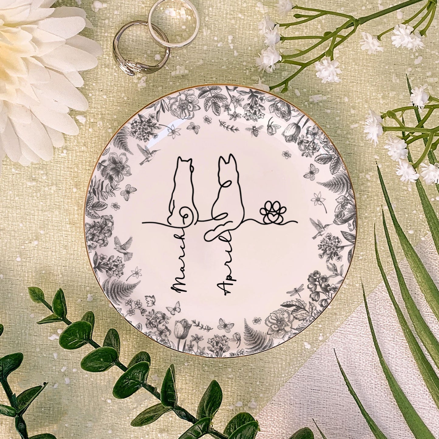PSD04 Toile De Jouy French Dog Line - Personalized Custom Jewelry Dish