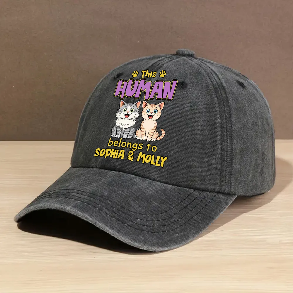UPST78 This Human Belongs To Retro Cat - Personalized Custom Wash Denim Cap