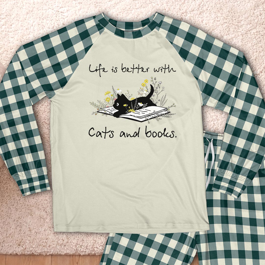 AHPA604 Life Is Better With Cat And Books Raglan Pajama Set