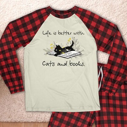 AHPA604 Life Is Better With Cat And Books Raglan Pajama Set