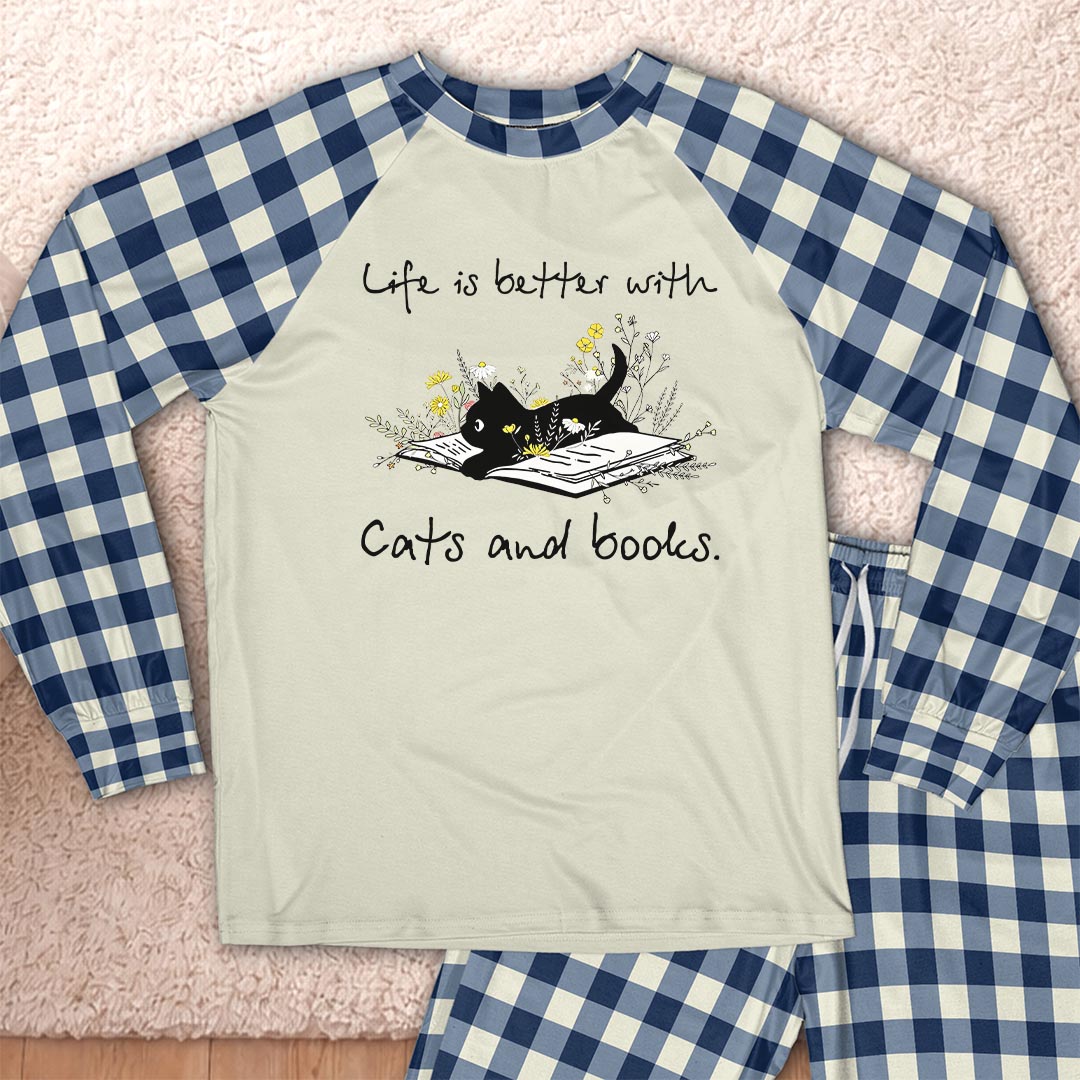 AHPA604 Life Is Better With Cat And Books Raglan Pajama Set