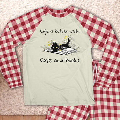 AHPA604 Life Is Better With Cat And Books Raglan Pajama Set