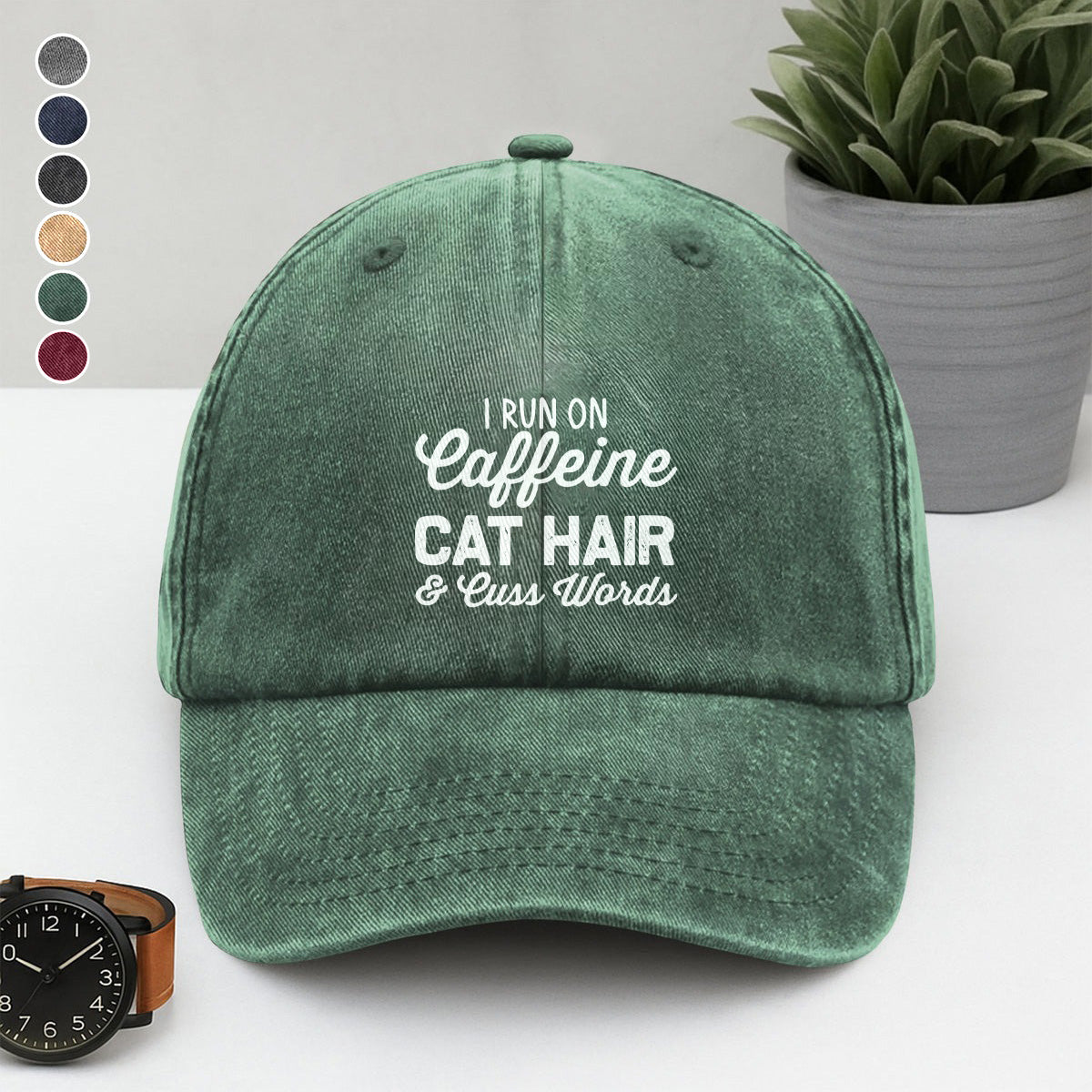 PSC30 I Run On Caffeine Cat Hair And Cuss Words - Wash Denim Cap