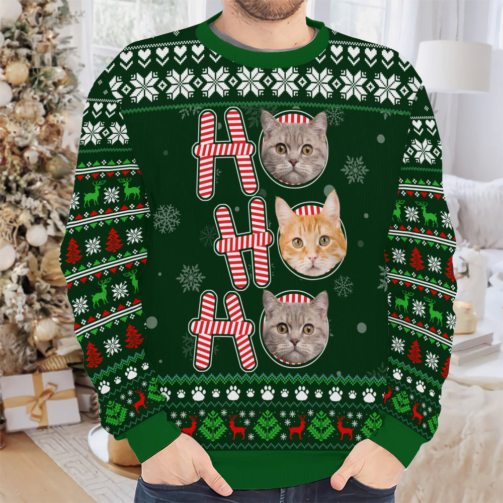 PSTS57 Ho Ho Ho Christmas Cat Dog Lover Photo Upload - Personalized Custom Sweater