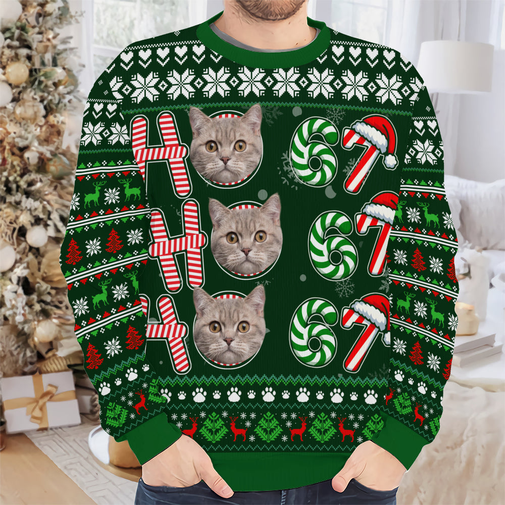 PSTS62 Ho Ho Ho 67 Christmas Cat Dog Lover Photo Upload - Personalized Custom Sweater