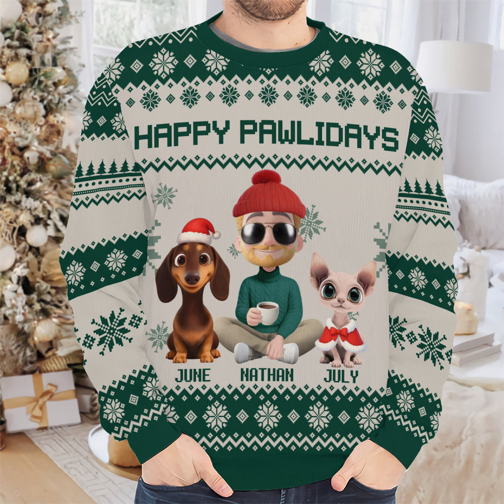 PSTS15 Fur Dad Happy Pawlidays Xmas 3D Cartoon Cute - Personalized Custom Sweater