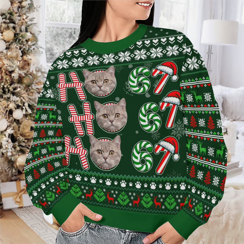 PSTS62 Ho Ho Ho 67 Christmas Cat Dog Lover Photo Upload - Personalized Custom Sweater