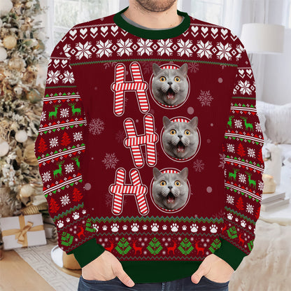 PSTS57 Ho Ho Ho Christmas Cat Dog Lover Photo Upload - Personalized Custom Sweater