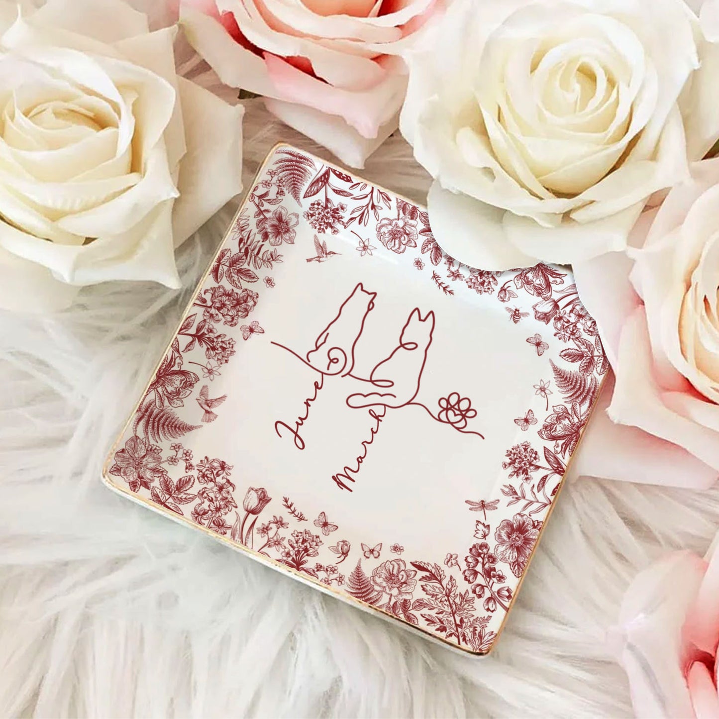 PSD04 Toile De Jouy French Dog Line - Personalized Custom Jewelry Dish