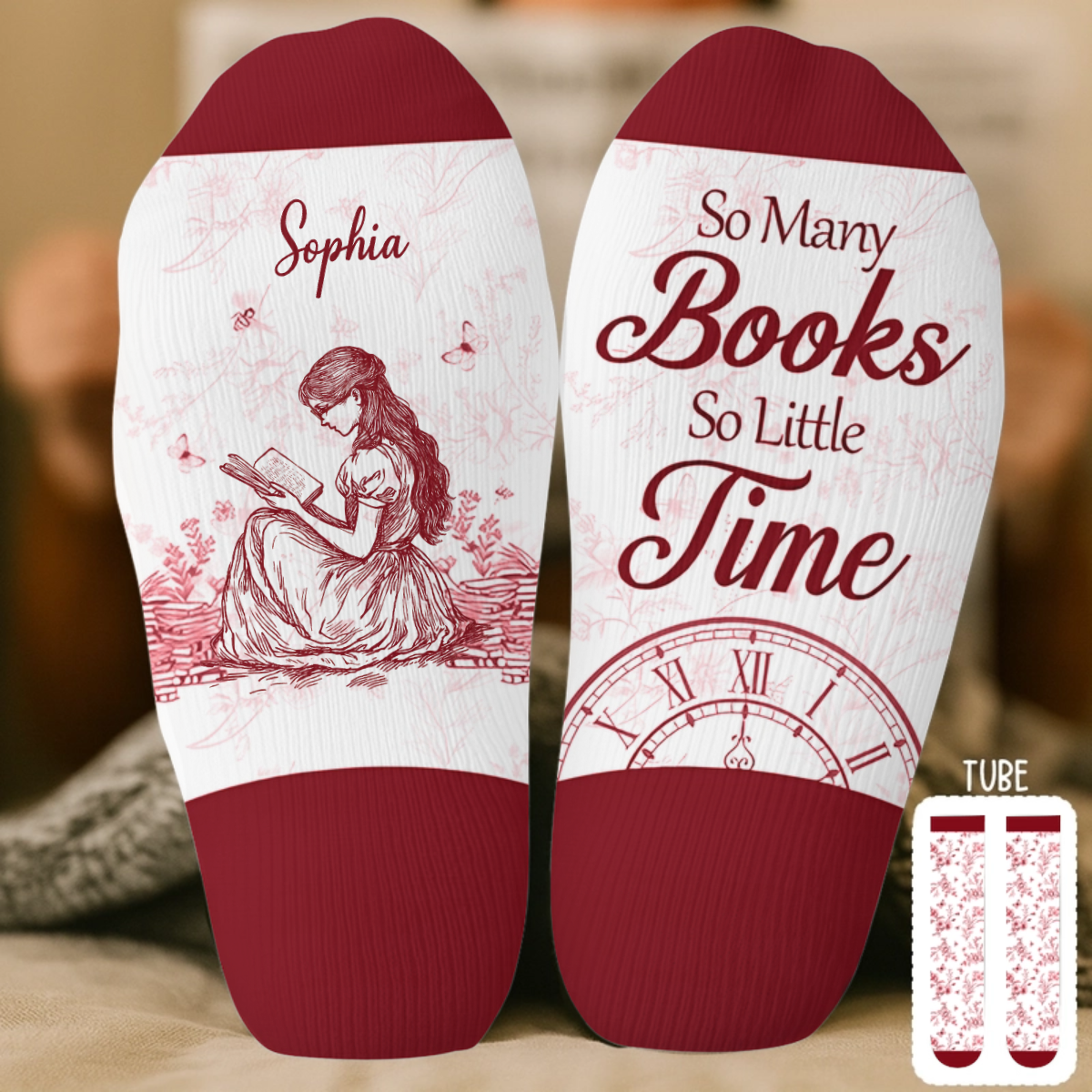 PSSO07 So Many Books So Little Time Toile De Jouy Style-Personalized Custom Crew Socks