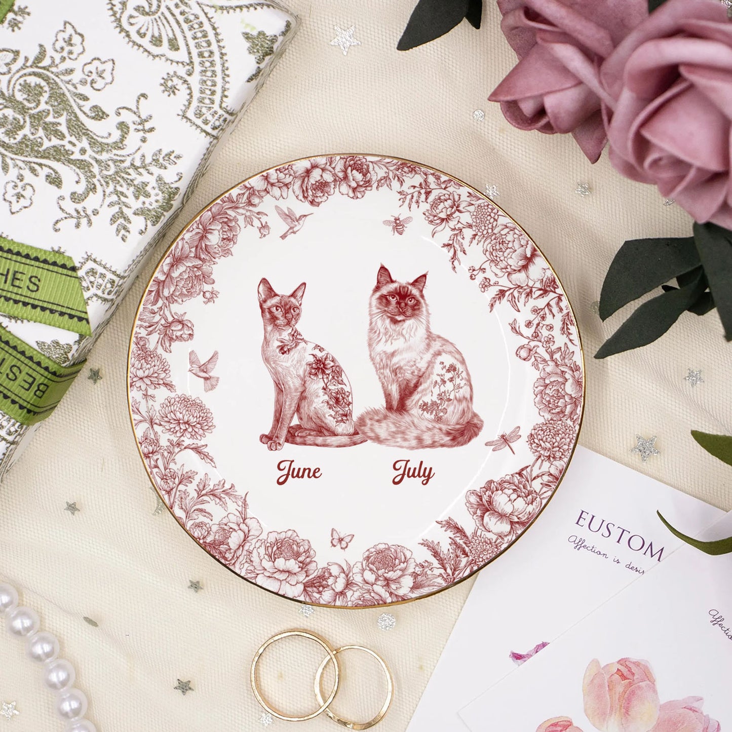 PSD03 Toile De Jouy French Cat Lover - Personalized Custom Jewelry Dish