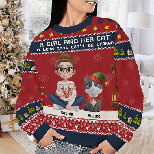 PSTS05 A Girl And Her Cat Xmas - Personalized Custom Sweater