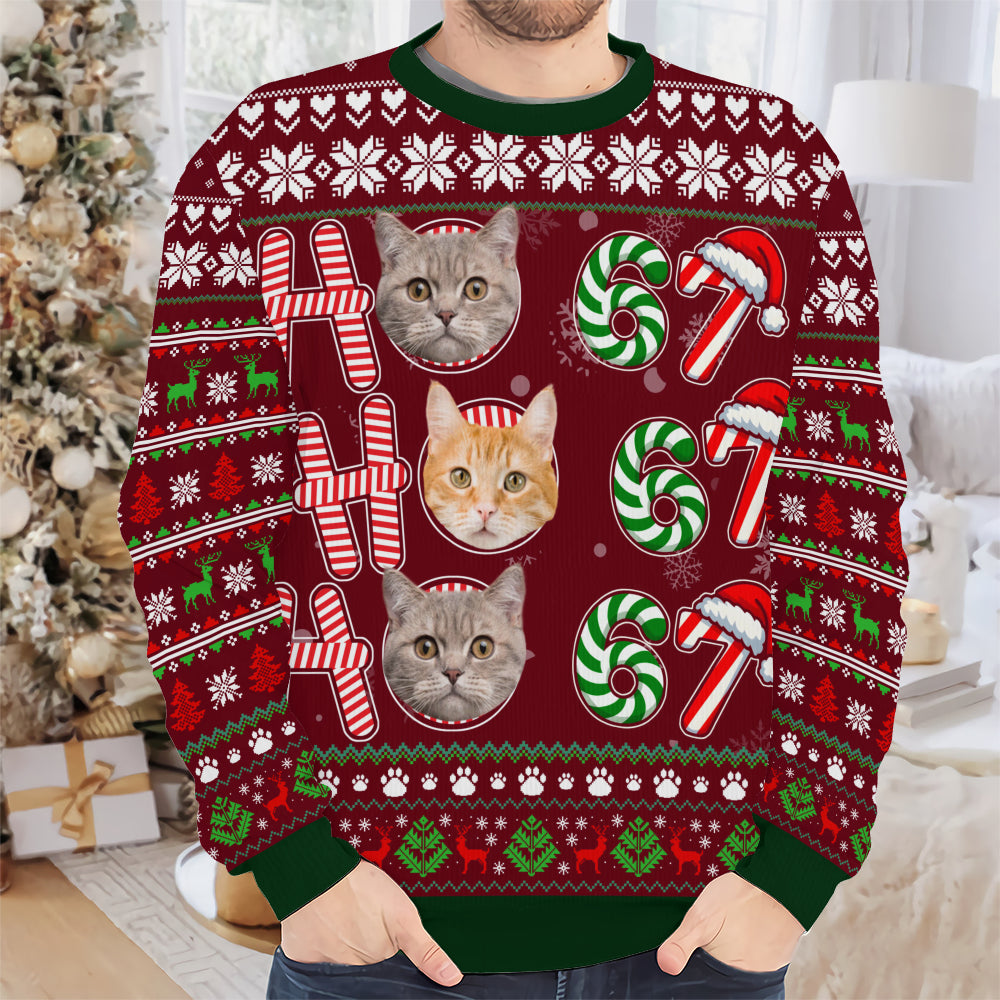 PSTS62 Ho Ho Ho 67 Christmas Cat Dog Lover Photo Upload - Personalized Custom Sweater