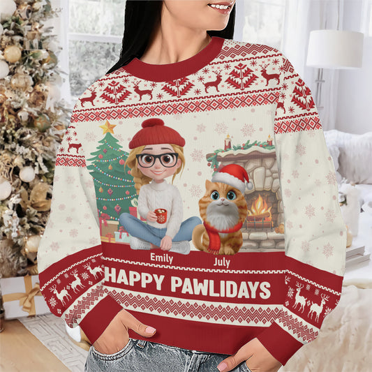 PSTS30 Happy Pawlidays Cat Mom Xmas - Personalized Custom Sweater