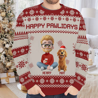 PSTS15 Fur Dad Happy Pawlidays Xmas 3D Cartoon Cute - Personalized Custom Sweater