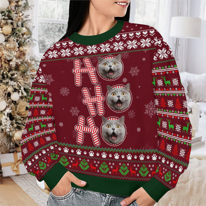 PSTS57 Ho Ho Ho Christmas Cat Dog Lover Photo Upload - Personalized Custom Sweater