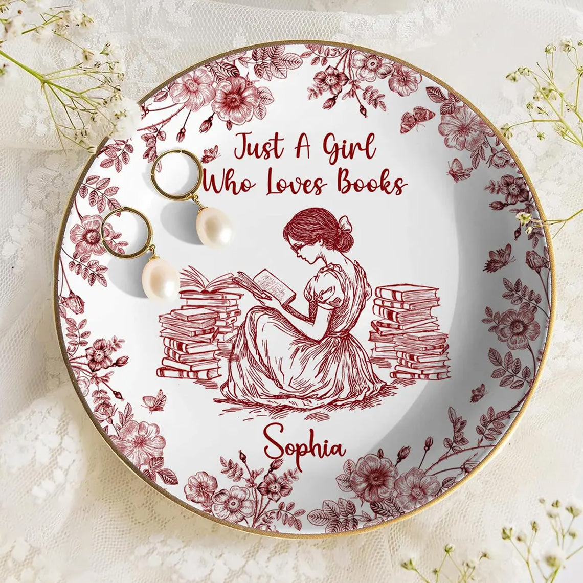 PSD02 Toile De Jouy Style Just A Girl Who Loves Books - Personalized Custom Jewelry Dish