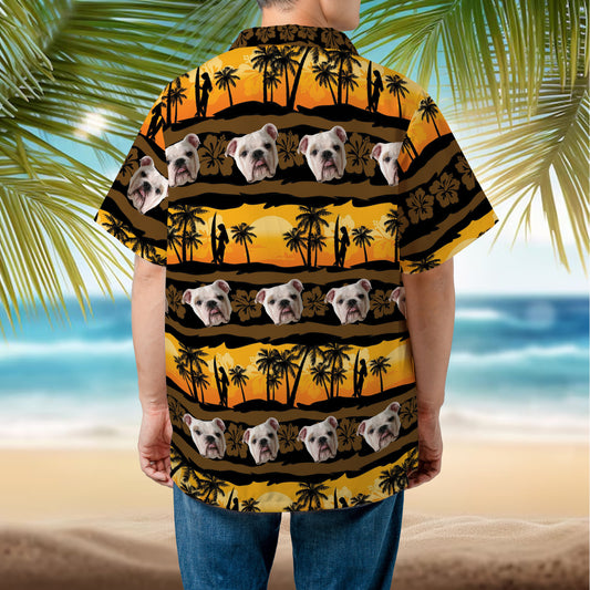 PSH09 Personalized Photo Upload Dog Lover Tropical Frangipani With Palms Sunrise Seamless Hawaiian Shirt